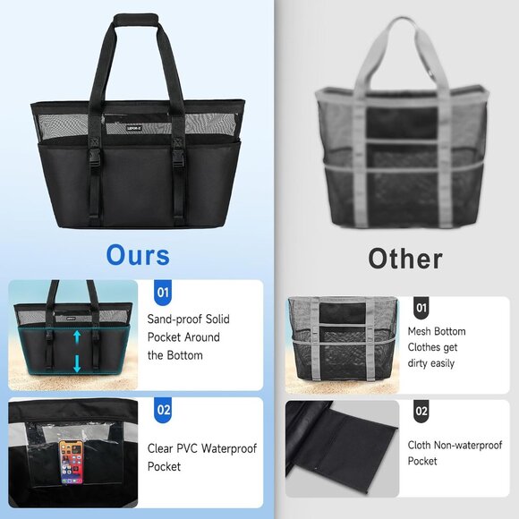 Women's Black with Front Buckles Mesh Beach Tote Waterproof Sandproof Beach Bag - Picture 4 of 8